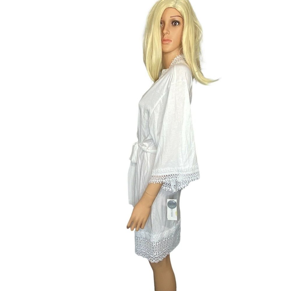 NWT Flora Nikrooz Womens Edie Cotton Lace Knit Short Wrap Robe S White MSRP $88 - Picture 3 of 12